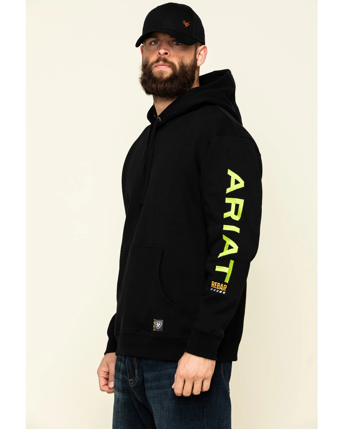 Ariat Men's Black/Lime Rebar Graphic Hooded Work Sweatshirt - Image 3