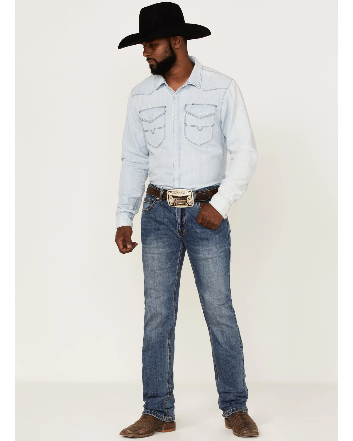 Rock & Roll Denim Men's Hooey Revolver Medium Wash Reflex Stretch Slim Straight Jeans - Image 3